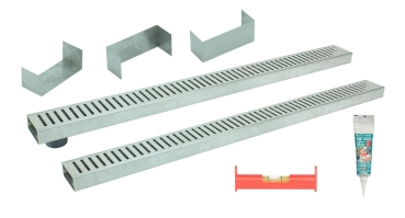 Entwässerungsrinnen Edelstahl superflach Rost Schlitzdesign SET Typ 2, System 35/80